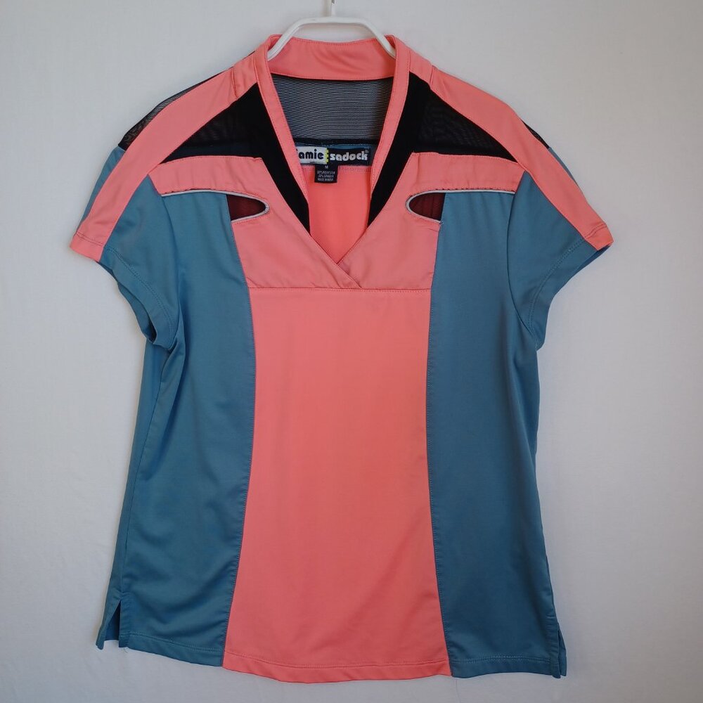 Jamie Sadock Womens Colorblock Mesh Cutout Golf Polo Shirt Pink Blue Medium - Picture 7 of 9